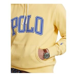 Polo Ralph Lauren Yellow Blue Logo Fleece Hoodie Mens L Spellout Pullover